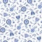 Folk Blue Flowers on White Background Vector Seamless Pattern. Delft Florals. Hand-drawn doodle monochrome flora.