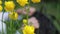 Folk crafts. Handmade. Young woman weaves rattar baskets sitting in the grass. Yellow flowers in the foreground