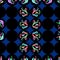 Folk dark blue geometric pattern with black circles.