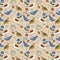 Folk floral seamless pattern with birds and flowers, gouache paint