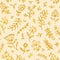 Folk flowers vintage raster seamless pattern. Ethnic floral motif beige hand drawn background. Contour golden