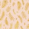 Folk flowers vintage raster seamless pattern. Ethnic floral motif pink hand drawn background. Contour golden