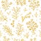 Folk flowers vintage raster seamless pattern. Ethnic floral motif white hand drawn background. Contour golden