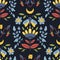Folk hygge seamless pattern - moth, leaves, flowers, branches in scandinavian nordic style, ethnic floral repeating