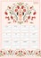 Folk hygge style calendar 2024, whole year calendar printable template A4 format with folklore nordic motif with flowers