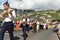 Folk music group in local costumes performs a folk dance at Madeira Wine Festival in Esterito de Camara de Lobos on the Madeira