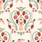 Folk scandi seamless pattern - birds, leaves, flowers, branches in scandinavian nordic style, ethnic floral repeating