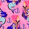 Folk spiritual cute boho flash style mermaid girl in the ocean seamless pattern.