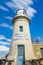 Folkestone, Kent, UK - 21st June 2018: A low angle view of the lighthouse at the end of Folkestone Harbour Arm with the words