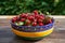 Folkish bowl full of red riped juicy and healthy sour cherries