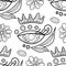 Folkloric Seamless Pattern with Mystical Eye and Crown, Nature Inspired Design Element