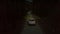 Follow back view from drone white car with headlights riding on night road through green forest