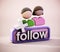 Follow button and generic follower icons. 3D illustration