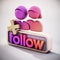 Follow button and generic follower icons. 3D illustration