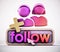 Follow button and generic follower icons. 3D illustration