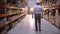 Follow footage of employees male warehouse worker engineer in hard hat working. walking through logistics center