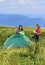 Follow instructions. Teamwork concept. Hiking activity. Helpful have partner for raising tent. Camping hiking. Attach