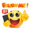 Follow me template card with cartoon 3d yellow emoji character holding smartphone. For video streaming website banners, blogs,