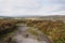 Follow the path down Burbage Rocks to the moors on a cloudy, misty morning