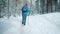 FOLLOW Young female hiking with a backpack in beautiful winter forest. uses sticks for Nordic walking.