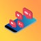Follower isometric phone notification symbol for application instagram. App button for social media. Vector illustration icon