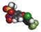 Fomesafen herbicide molecule. 3D rendering. Atoms are represented as spheres with conventional color coding: hydrogen white,.