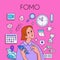 FOMO, fear of missing out concept. Woman with phone surrounded by social media icons. Trendy style. Vector illustration.