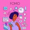 FOMO - Fear Of Missing Out concept. Young woman is holding phone, surrounded with social media symbols and alerts