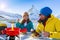 Fondue cheese, swiss winter ski holidays lunch, mountain view Matterhorn in Zermatt, Switzerland