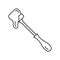 Fondue fork. Piece of food or bread with dripping cheese or chocolate sauce. Line art icon of tasty snack. Black simple