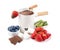 Fondue pot with melted chocolate, fresh berries, kiwi, marshmallows and fork isolated on white