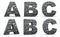 Font brick, alphabet build, letters A, B, C, 3d render, path save
