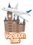 Font design template for word vacation time with airplane flying