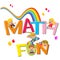 Font design for word math is fun with kids sliding on the rainbow