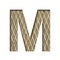 Font on a embossed metal sheet. The letter M is cut out of white paper on the background of a weathered sheet of metal with a