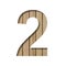 Font on light wood. The digit two, 2 is cut out of paper on a the background of vertical wood planks. Set of decorative wooden