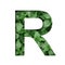 Font made of leaves, letter R, cut out of paper on a background of natural green nettle. Fresh young natural leaf volumetric Earth