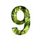 Font on micro greenery.The digit nine, 9 cut out of paper on the background of sprouts of fresh bright micro greenery for food.