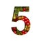 Font on red currant. Digit five, 5 cut out of paper on the background of bright ripe bunches of red currants berries. Fruit or