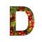 Font on red currant. The letter D cut out of paper on the background of bright ripe bunches of red currants berries. Fruit or