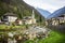 Fontainemore alpine village on the Lys river in a forest in the valley of Gressoney near Monte Rosa during spring.  Aosta, Italy