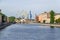 Fontanka river embankment with the Staro-Kalinkin bridge and the Admiralty Shipyard in Saint Petersburg, Russia