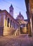 The Fontanone Visconteo with The Basilica di Santa Maria Maggiore in the background at nightfall. Citta Alta, Bergamo, Lombardy,