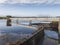Fontburn reservoir, Northumberland, UK with walkway and shaft spillway