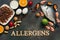 Food allergens. Seafood, milk, chocolate, nuts, citrus fruits, eggs. Allergic food concept. Top view, flat lay, copy space
