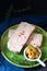 Food appertiser Concept French meatloaf Terrine or pate  in green dish with copy space