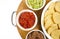 Food Appetizers Chips Salsa Refried Beans Guacamole Wood Cutting