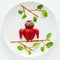 Food art creative concept. Owls sitting on a branch. Strawberry, blueberry, chocolate, mint composition.