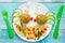 Food art idea healthy lunch for kids chicken meatballs with bulgur porridge and fresh vegetables