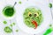 Food art idea for kids green monster from spaghetti, olives and